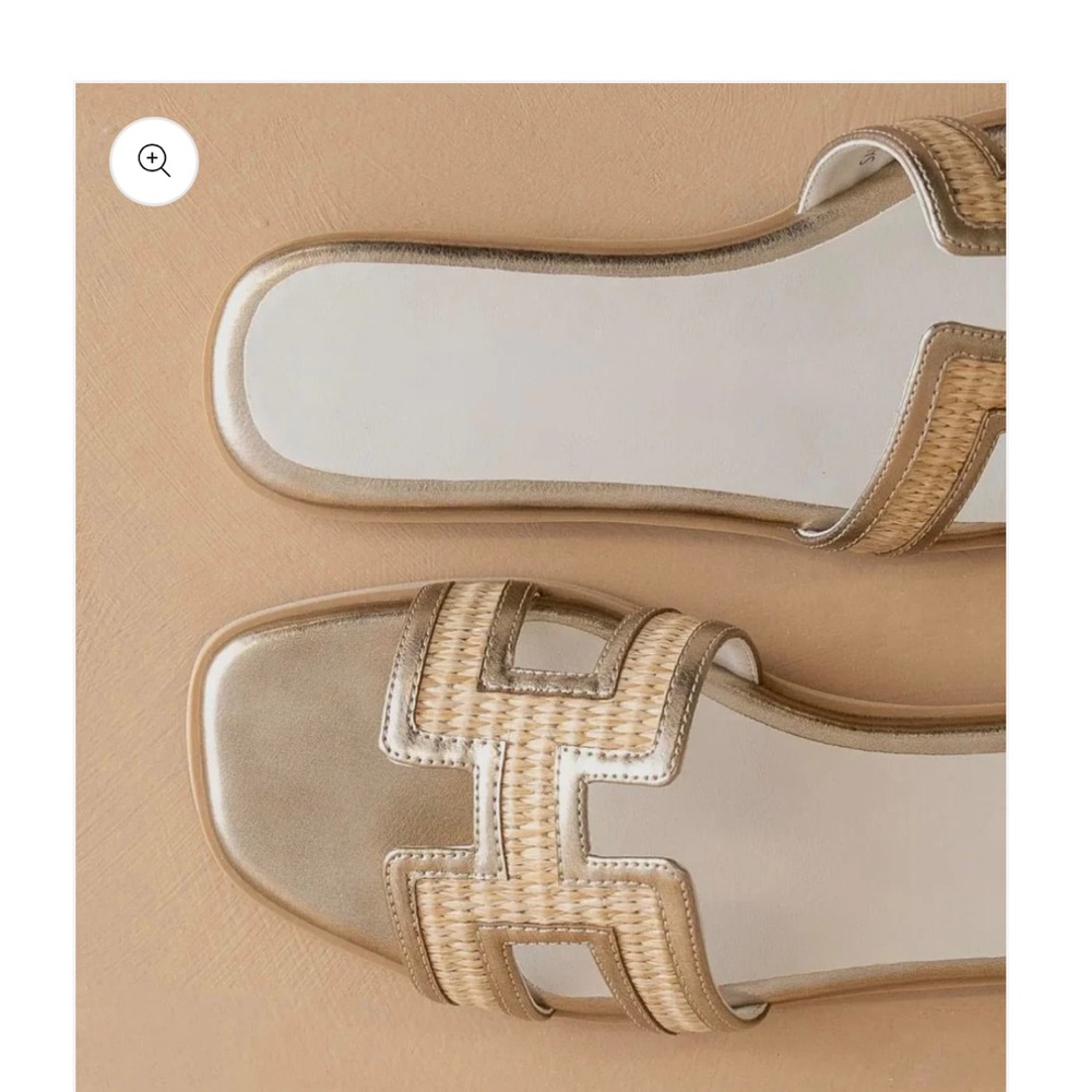 Oasis Society gold H  and raffia cutout slide Sandals